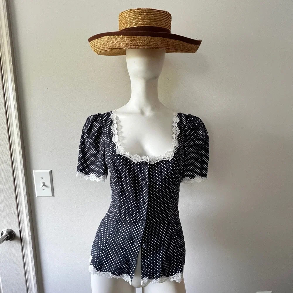 Reformation Anabella Polka Dot Linen Lace Trim Puff Sleeve Button Front Top S/M